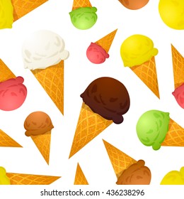 Bright colorful ice cream cones different tastes on white, seamless pattern