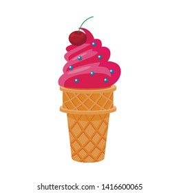 Bright colorful ice cream in a waffle cup. cherry fruit summer dessert
