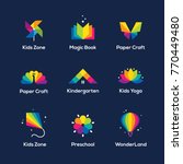 Bright colorful icons set with book, windmill toy, butterfly, peacock, house roof, lotus flower, kite and air balloon isolated on dark blue background. Children, kids creative logo design.