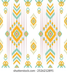 Bright and colorful Ikat pattern featuring teal, yellow, and pink geometric diamonds and tribal motifs on a white background. Ideal for fabric, home decor, and fashion with a modern tribal-inspired