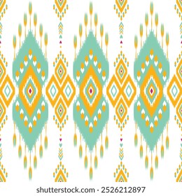 Bright and colorful Ikat pattern featuring teal, yellow, and pink geometric diamonds and tribal motifs on a white background. Ideal for fabric, home decor, and fashion with a modern tribal-inspired