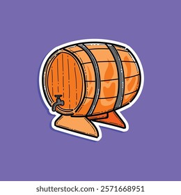 Bright and colorful illustrated art depicting a classic wooden barrel with metal rings, placed on a vibrant purple background. Stylized and designed with a modern and appealing aesthetic.