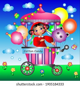 Bright colorful illustration for children. The girl is selling cotton candy on a stick. "CandyBar" on a bright background with balloons, butterflies and flags.