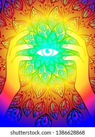 bright colorful illustration with a fantastic and magical story, depicting a floral ornament with an eye, an all-seeing eye