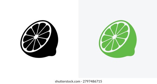Bright and colorful illustration featuring a fresh lime and a dark lemon slice showcasing citrus fruits with vivid green and black shades perfect for food and design projects