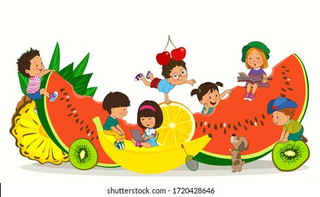 Bright colorful illustration. Happy children play among huge fruits. The concept of summer, health, vitamins. Holiday, vacation