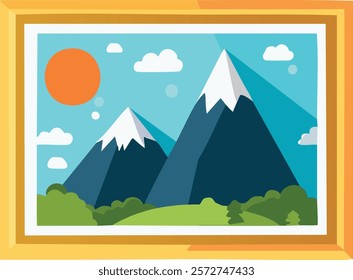 Bright and colorful illustration of a landscape with snow-capped mountains, green hills, and a sunny blue sky, framed in a golden picture frame. The image conveys a cheerful and scenic view, often use