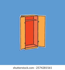 A bright and colorful illustration of an open wooden wardrobe with a vibrant interior, displayed against a solid blue backdrop. Perfect for themes of organization, furniture, and storage.