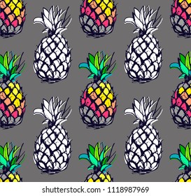 Bright colorful illustration of Pineapple fruit in seamless pattern on gray isolated background in Vector. Tropical exotic pattern with vivid hand drawn pineapples