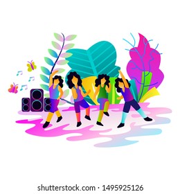 Bright colorful illustrations, aerobics in the park, fantasy tree backgrounds. - Vector.
