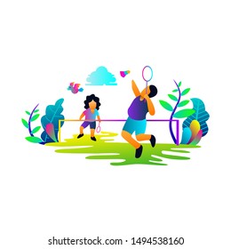 Bright colorful illustrations, people playing badminton. - Vector.
