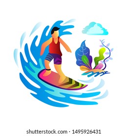 Bright colorful illustrations, surfing on the waves, behind fantasy trees. - Vector.