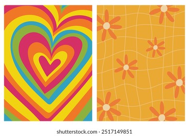 A bright and colorful image featuring a heart-shaped pattern on the left and a daisy pattern on a grid background on the right.