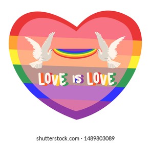 bright colorful isolated vector illustration of two doves holding lgbt pride flag on rainbow heart pink background with slogan love is love. For posters, valentine greeting cards, wedding invitations