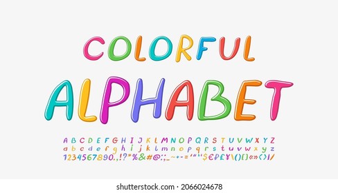 Bright colorful italic font. Funny hand drawn vector alphabet letters and numbers