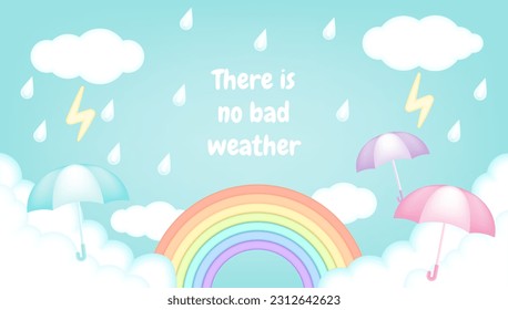 Bright and colorful kids vector 3d illustration of a rainy day with a clouds, lightning, rainbow, raindrops, umbrellas. For advertising, banners, coupons, flyers, posters, promotions,  monsoon season