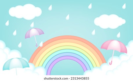 Bright and colorful kids vector 3d illustration of a rainy day with a clouds, rainbow, raindrops, umbrellas. For advertising, weather banners, coupons, flyers, posters, promotions and monsoon season