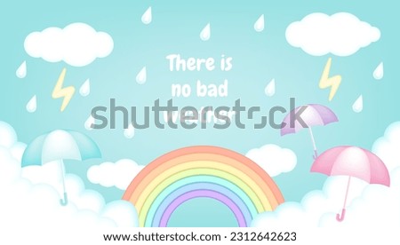 Bright and colorful kids vector 3d illustration of a rainy day with a clouds, lightning, rainbow, raindrops, umbrellas. For advertising, banners, coupons, flyers, posters, promotions,  monsoon season