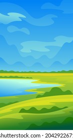 Bright colorful landscape. Lake and meadows on a sunny day.