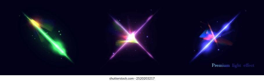 Conjunto de efectos de luz láser de colores brillantes. Efecto de brillo futurista para el diseño de la interfaz de juego. Aura de universo de energía, brillo brillante, resplandor de discoteca, explosión espacial, escenario iluminado.	
