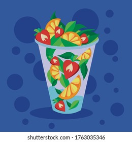 Bright and colorful lemonade with vector lemons and strewberries and blue background with circles. Made with love.