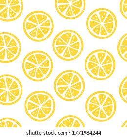 Bright colorful lemons vector seamless pattern on white background. Healthy cartoon different stylized slices of citrus fruits in print flat style, eat local organic products.