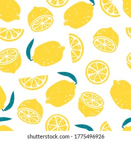 Bright colorful lemons vector seamless pattern on white background. Healthy cartoon different stylized whole and pieces of citrus fruits in print flat style, eat local organic products.