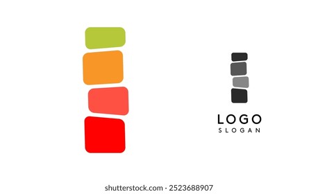 Bright colorful letter I, layers blocks like sandwich, stone balancing or rock stacking. Modern cartoon monogram for kid joyful book, blocky toys logo. Vector illustration