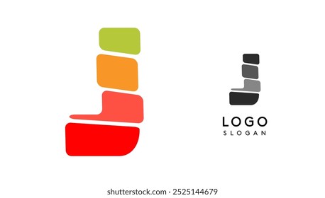 Bright colorful letter J, layers blocks like sandwich, stone balancing or rock stacking. Modern cartoon monogram for kid joyful book, blocky toys logo. Vector illustration