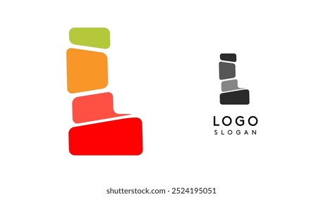 Bright colorful letter L, layers blocks like sandwich, stone balancing or rock stacking. Modern cartoon monogram for kid joyful book, fun toys logo. Vector illustration