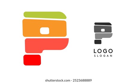 Letra colorida brilhante P, camadas blocos como sanduíche, balanceamento de pedra ou empilhamento de rocha. Moderno monograma de desenho animado para o livro alegre de criança, logotipo de brinquedos blocos. Ilustração vetorial