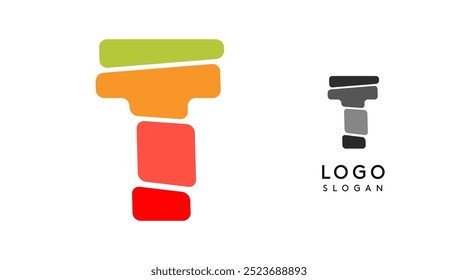 Letra colorida brilhante T, camadas blocos como sanduíche, balanceamento de pedra ou empilhamento de rocha. Moderno monograma de desenho animado para o livro alegre de criança, logotipo de brinquedos blocos. Ilustração vetorial