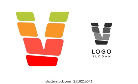 Bright colorful letter V, layers blocks like sandwich, stone balancing or rock stacking. Modern cartoon monogram for kid joyful book, blocky toys logo. Vector illustration