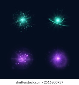 Conjunto de efectos de luz de colores brillantes. Efecto de brillo futurista para el diseño de la interfaz de juego. Aura de universo de energía, brillo brillante, resplandor de discoteca, explosión espacial, escenario iluminado.	
