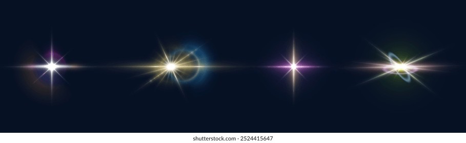 Bright colorful light effects set. Futuristic glow effect for game interface design. Energy universe aura, bright glow, disco glare, space explosion, illuminated stage.	
