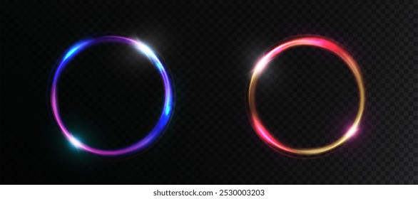 Anillo de luz de colores brillantes con efecto neón. Efecto de luz de marco redondo sobre fondo negro. Para Diseño web e ilustraciones