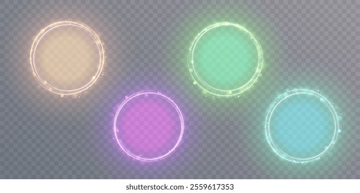 Bright colorful light ring with neon glow effect. Round frame of light effect on transparent background. For web design and illustrations.