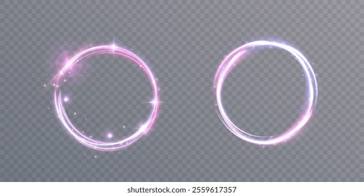 Bright colorful light ring with neon glow effect. Round frame of light effect on transparent background. For web design and illustrations.