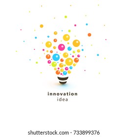 Bright colorful lightbulb, abstract Innovation idea logo. Lamp made of circles and balls scattered in the different sides as photons, particles of light, vector illustration