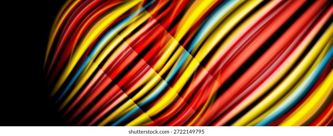 Las líneas coloridas brillantes crean un patrón de onda dinámico. Los tonos rojo, amarillo y azul dominan la composición, ofreciendo una experiencia visual vibrante.
