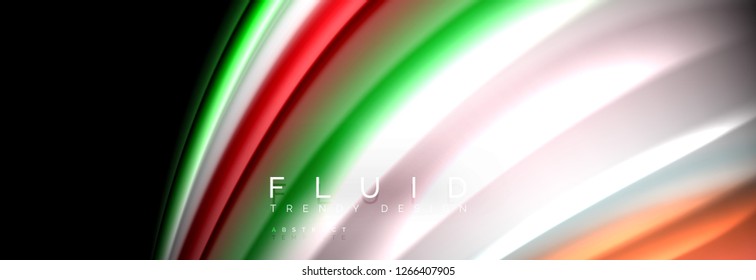 Bright colorful liquid fluid lines on black, vector modern abstract background