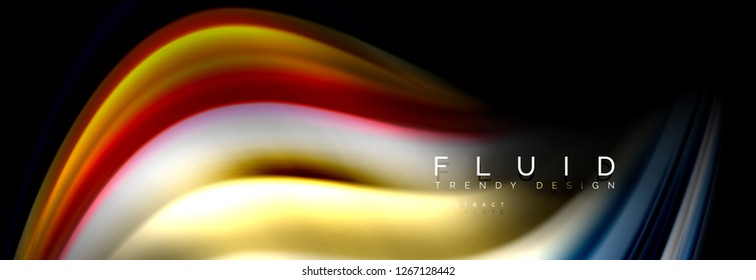 Bright colorful liquid fluid lines on black, vector modern abstract background