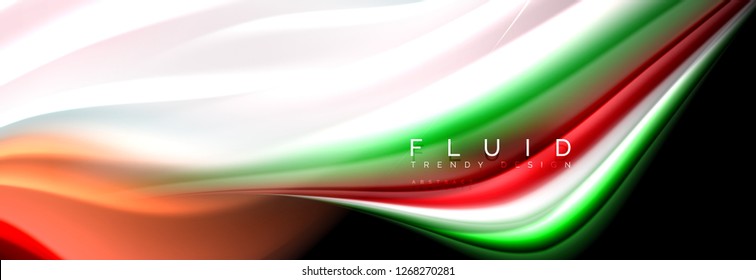 Bright colorful liquid fluid lines on black, vector modern abstract background