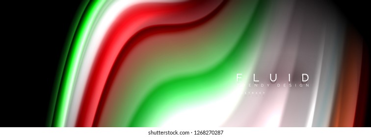 Bright colorful liquid fluid lines on black, vector modern abstract background