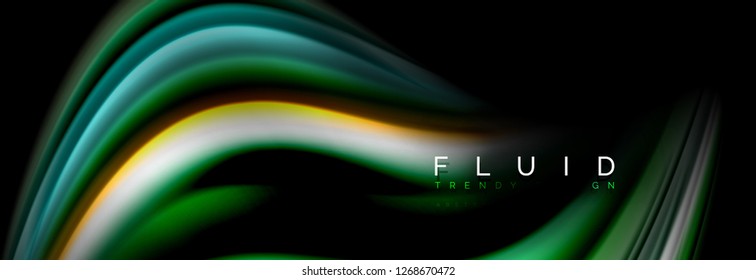 Bright colorful liquid fluid lines on black, vector modern abstract background
