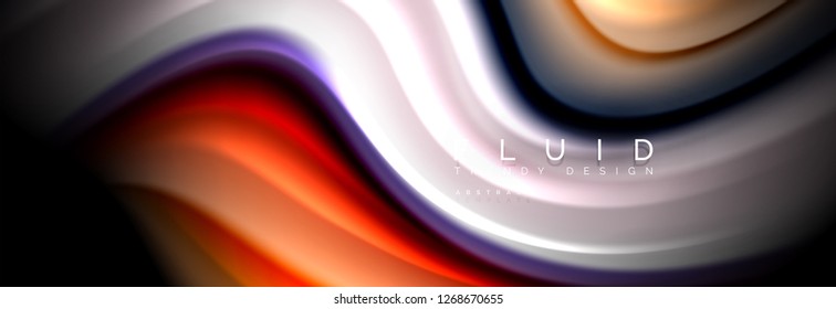 Bright colorful liquid fluid lines on black, vector modern abstract background