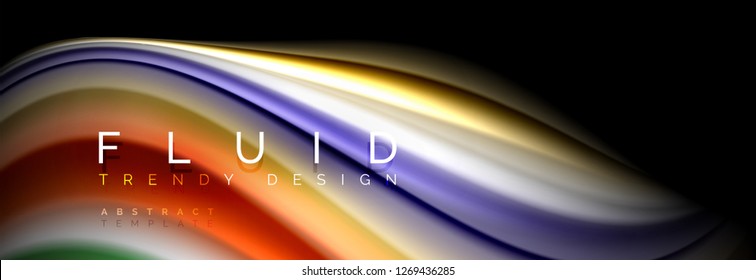 Bright colorful liquid fluid lines on black, vector modern abstract background