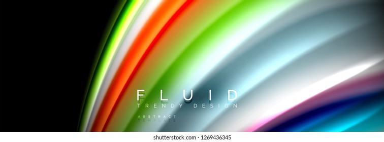 Bright colorful liquid fluid lines on black, vector modern abstract background