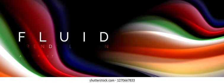 Bright colorful liquid fluid lines on black, vector modern abstract background