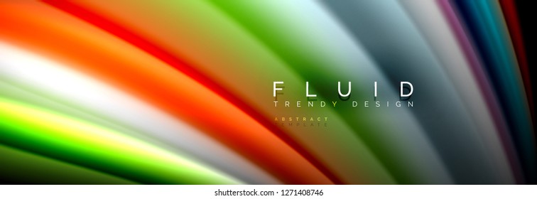 Bright colorful liquid fluid lines on black, vector modern abstract background